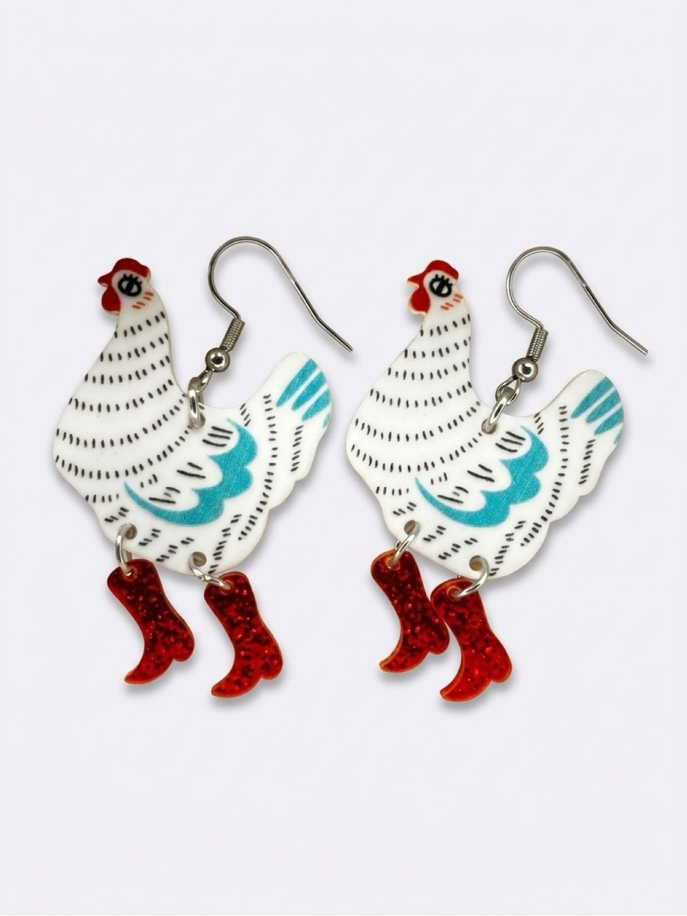 Source Unknown White & Teal Chicken Dangle Earrings with Red Boots